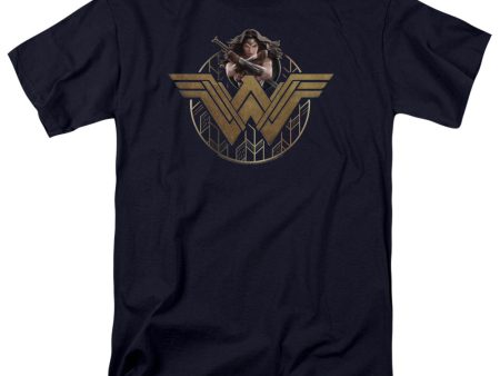 WONDER WOMAN MOVIE : POWER STANCE AND EMBLEM S\S ADULT 100% COTTON 18\1 T-SHIRT Navy SM For Sale